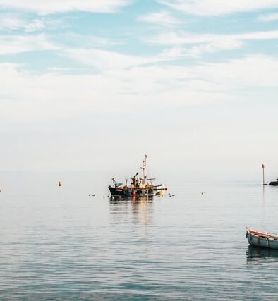 Fishing boats in a calm Lyme Harbour